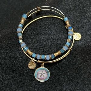Alex and Ani Blue and Gold Beaded Bracelet & Gold Bangle with Sand Dollar Charm